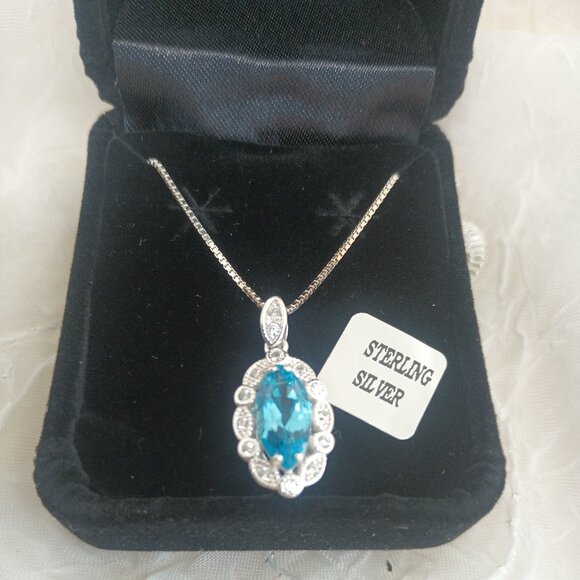 Jewelry - Blue Topaz Cubic Zirconia JC 925 Sterling Silver Necklace 18" Box Included ~ NIB
